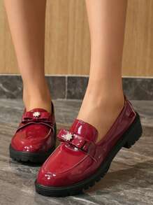 Women's Bow Rhinestone Decor Platform Casual Loafers, Red, Spring/Autumn, Daily Wear, Slip-On