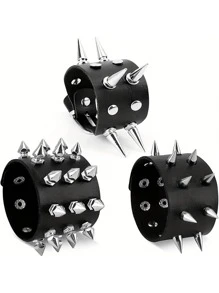 铆钉朋克风真皮手链，男女皆宜，朋克摇滚铆钉手链套装，黑色真皮铆钉朋克手链，环绕式手链，金属扣腕带，适合日常佩戴和送礼 - 黑色 - 查看 1