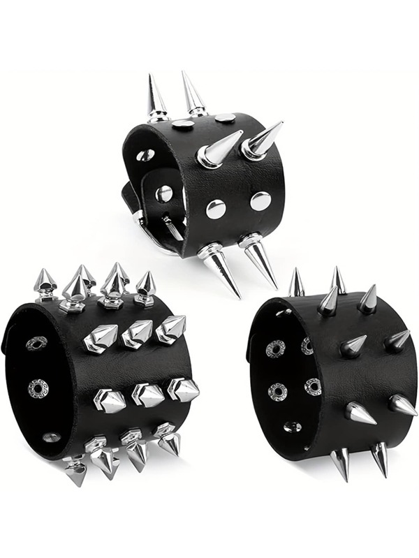 铆钉手链朋克皮革铆钉手链袖口男女朋克摇滚铆钉手链套装，黑色皮革铆钉朋克手链袖口缠绕手镯按扣金属腕带，适合日常佩戴和送礼