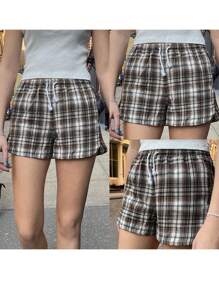 Women's Plaid Shorts Casual Elastic Waist Drawstring Side Split Short Pants For Summer - Orange - View 2