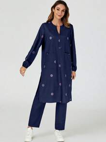 cimmuovere Casual Print V-Neck Long Sleeve Loose Side Split 3-Pocket Top With Elastic Waist 2-Pocket Solid Color Pants, 5 Pockets Scrub Uniform Set - Light Wash - View 6