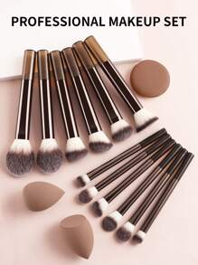 15件套多功能化妆套装，包含12支长柄软毛化妆刷、2个化妆海绵、1个粉扑，快速上妆工具，适合所有肤质。化妆刷套装，化妆刷套装，化妆刷套装，完整化妆套装，化妆刷套装，完整化妆套装，化妆刷套装，化妆刷套装，化妆礼盒，赠品，专业化妆刷，完整化妆套装 - 咖啡棕 - 查看 6