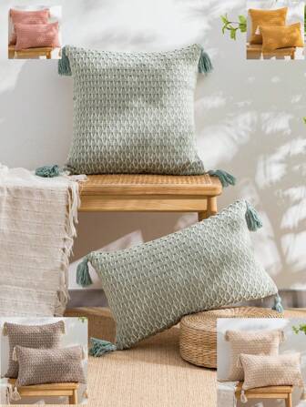 1 件/2 件套编织格子枕套，波西米亚风格流苏手工方形靠垫套，适用于客厅沙发，家居装饰点缀枕套，不含枕芯，30*50cm 45*45cm