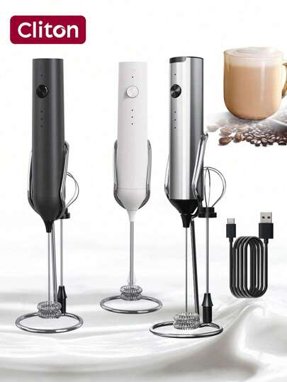 CLITON Rechargeable Electric Milk Frother, Handheld Milk Foamer With 3 Whisk Heads & 3 Speed Settings, Suitable For Latte, Cappuccino, Hot Chocolate, Eggs, Mini Drink Mixer And Cold Brew, For Coffee, Cappuccino, Latte, Protein Powder Drinks (Metallic Gray)