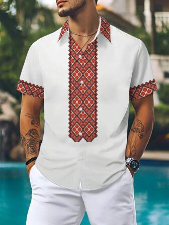 Camicia da uomo con colletto hawaiano e motivo vintage, con stampa vintage, adatta per l estate, spiaggia, piscina, resort, raduni casual e attività all aperto