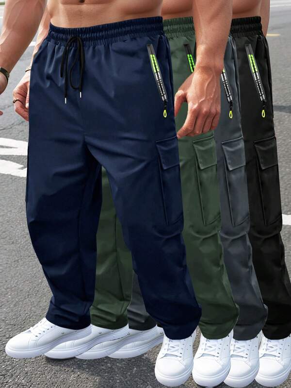 Pantalones de chándal con cordón y cintura elástica, bolsillo con cremallera, pantalones rectos casuales para exteriores con bolsillos grandes, con detalles neón, para primavera y otoño.