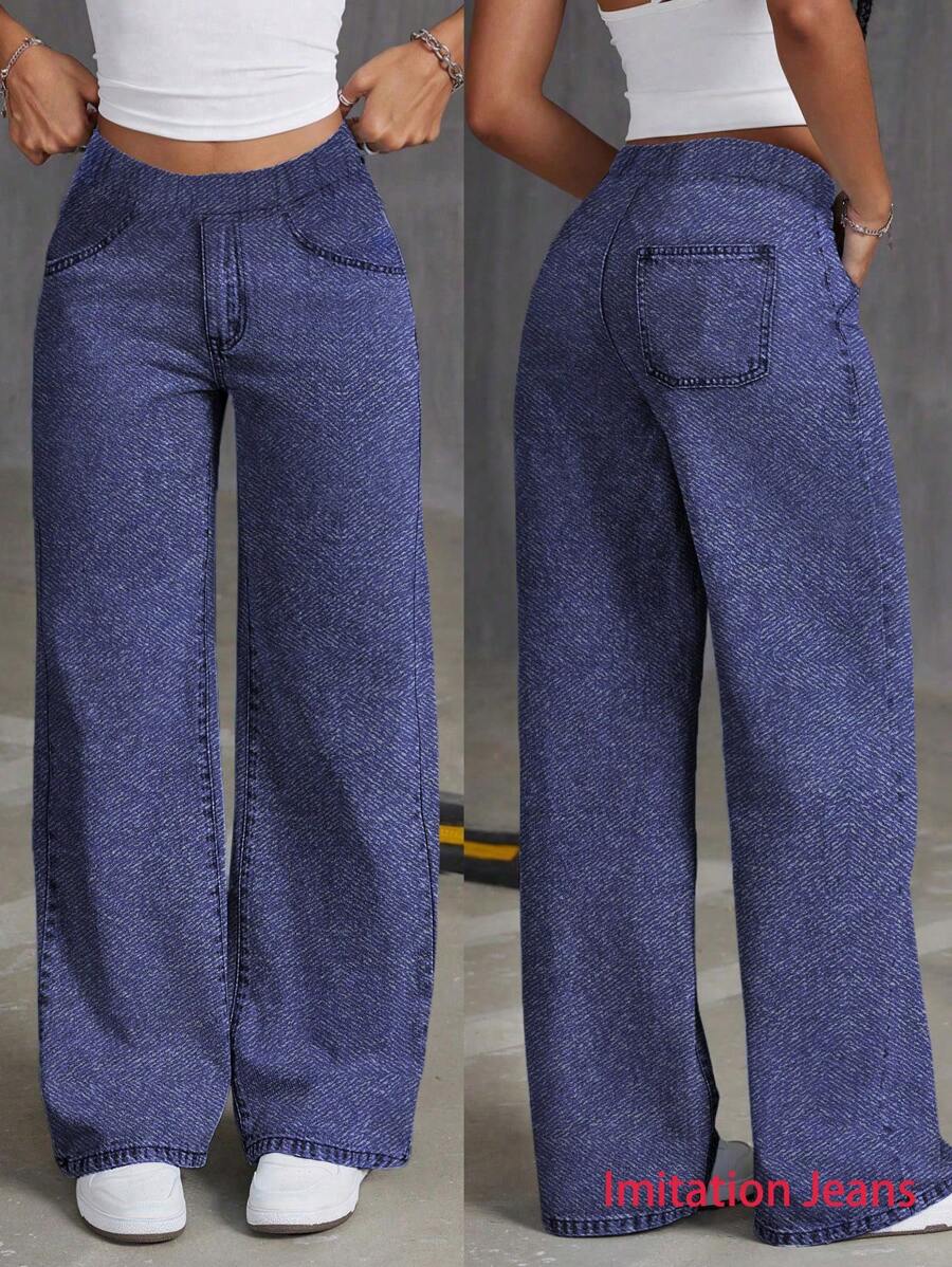 1pc Teen Girl Casual Loose Outdoor Sports Exercise Personalized Denim Effect Pocket Straight Leg Long Pants, Spring/Summer/Autumn/Winter - Blue - View 1