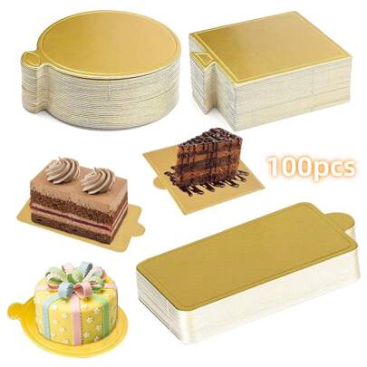 100pcs Mini Gold Cardboard Cake Bases, Disposable Mousse Dessert Trays, Cupcake Bases, Suitable For Wedding Birthday Party Dessert Display Trays, Pastry Plates