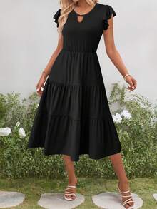 Vestido midi preto feminino, vestidos casuais de verão com gola redonda, vestido rodado em camadas com bolsos, vestido de verão feminino com mangas franzidas, vestidos de viagem soltos, tecido de malha casual com bainha franzida, vestidos casuais de verão, praia/noite casual elegante verão - Preto - Ver 5