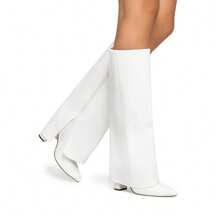 Women's Knee-High Boots, Comfortable Chunky Block Heel Pointed Toe Pull On Side Zipper Suede Slouch Riding Boots - White - View 2