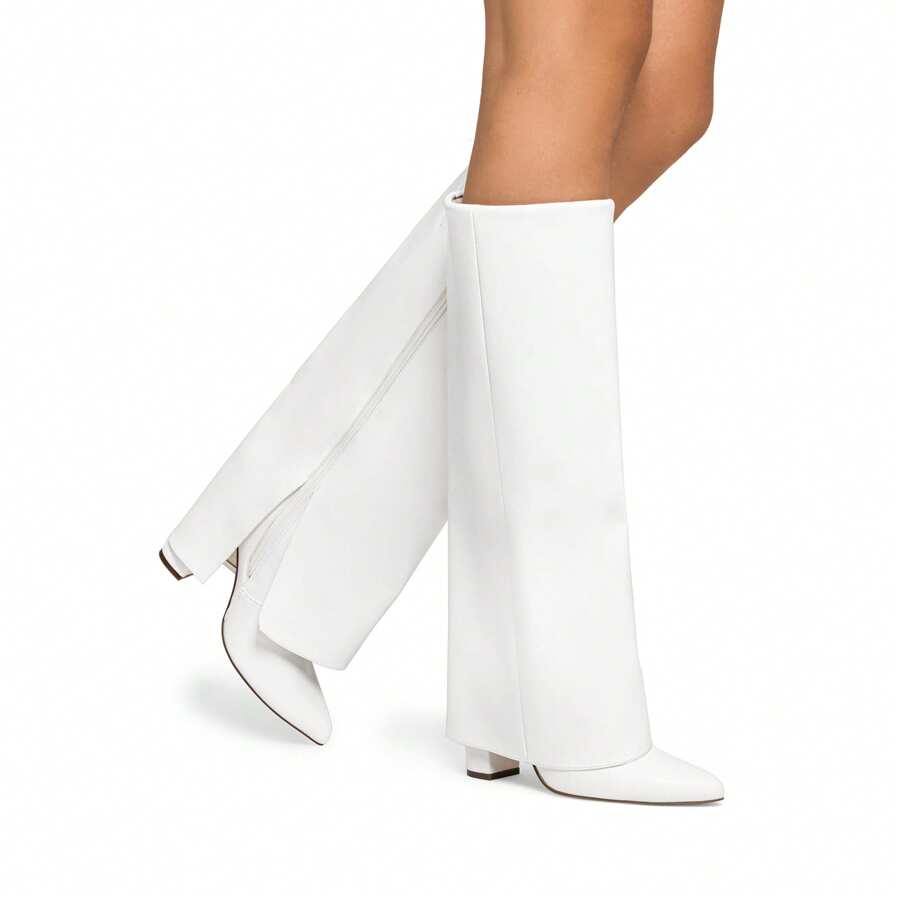 Women's Knee-High Boots, Comfortable Chunky Block Heel Pointed Toe Pull On Side Zipper Suede Slouch Riding Boots