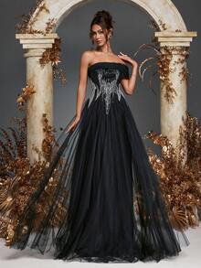 Women's Elegant Strapless Sequins Beads Black Formal Evening Gowns Dress, Beaded Gowns, Wedding Guest Dress Bridesmaid Dresses, For Dinner, Graduation, Festival, Homecoming, Wedding, Spring Summer Outfit, Party Dress, Formal Dress - Black - View 5
