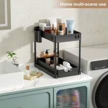 Organizador de fregadero negro con 1 cajón, adecuado para almacenamiento en gabinetes de baño y cocina, cesta de almacenamiento, estantería deslizable multifuncional de plástico ABS, organizador de hogar, se adapta a espacios pequeños