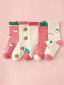 10 Pairs Spring & Summer Strawberry Floral Lace, Heart Print Mid-Calf Socks - Multicolor - View 3