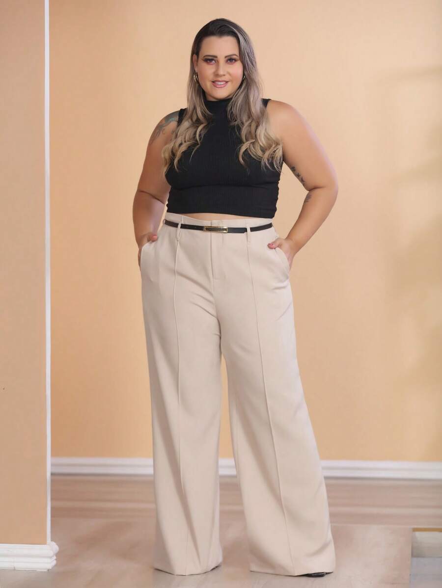 Plus Size Fashion Long Pants Without Belt And Pockets - Beige - View 1