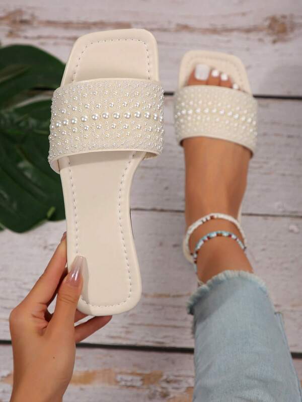 Women's Fully Beaded Gradient Pearl Decorated Flat Sandals, Fashion Versatile Outdoor Holiday Non-Slip Plus Size(35-43) Casual Slip-On Beach Slippers