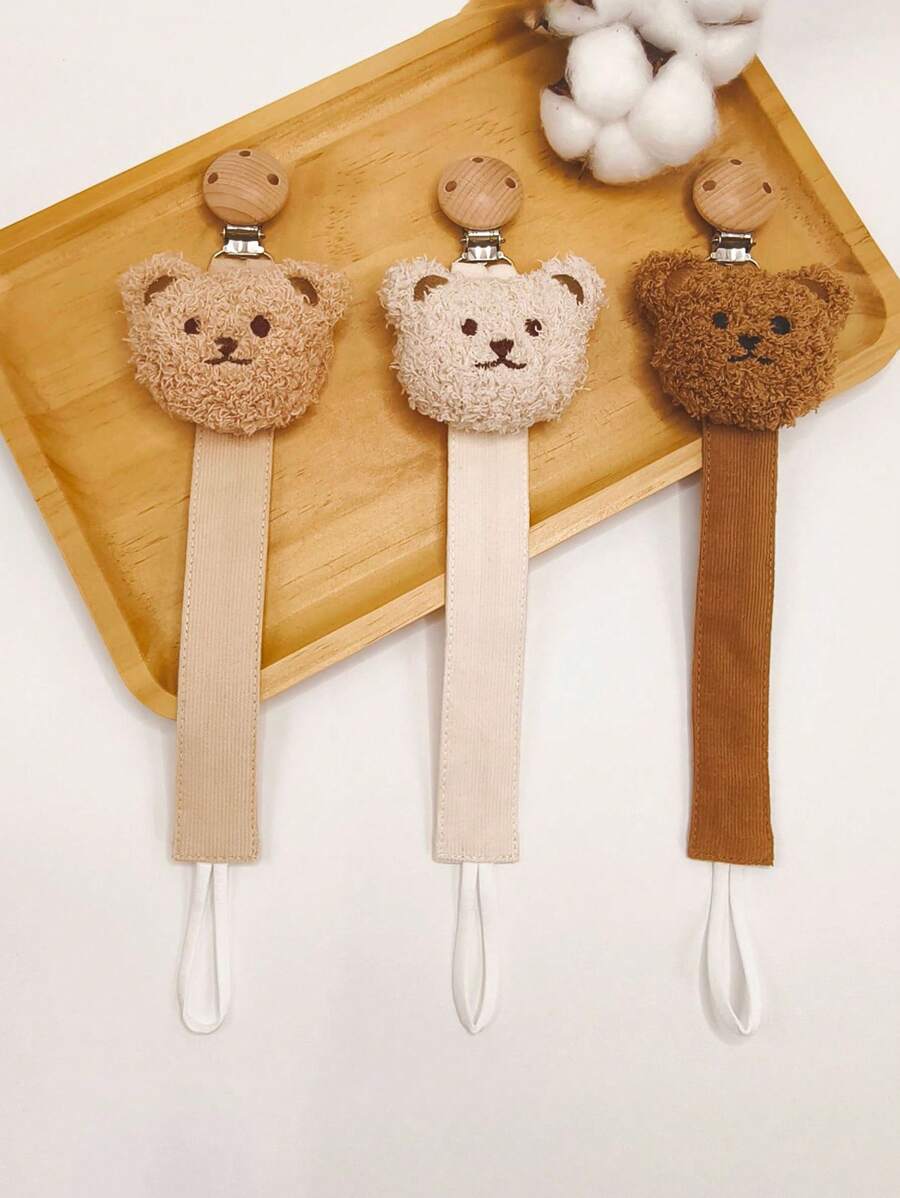 婴儿 Ins 风格灯芯绒卡通熊奶嘴夹，木制奶嘴夹，卡通熊出牙娃娃挂绳 - 彩色 - 查看 1