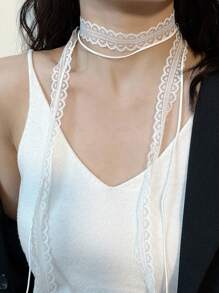 2pcs/Set Women's Sweet Lace Ribbon Layered Design Necklace, Versatile Choker, Elegant Clavicle Chain & Long Chiffon Scarf Suitable For Various Occasions