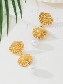 1 Pair Beach Holiday Style Shell Stud Earrings, Suitable For Travel & Vacation - Gold - View 3