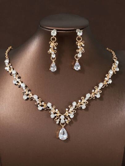 3pcs/Set Bridal Gold Necklace Earrings Jewelry Set, Exquisite Plant Bohemian Wedding Party Accessories, Necklace For All Seasons