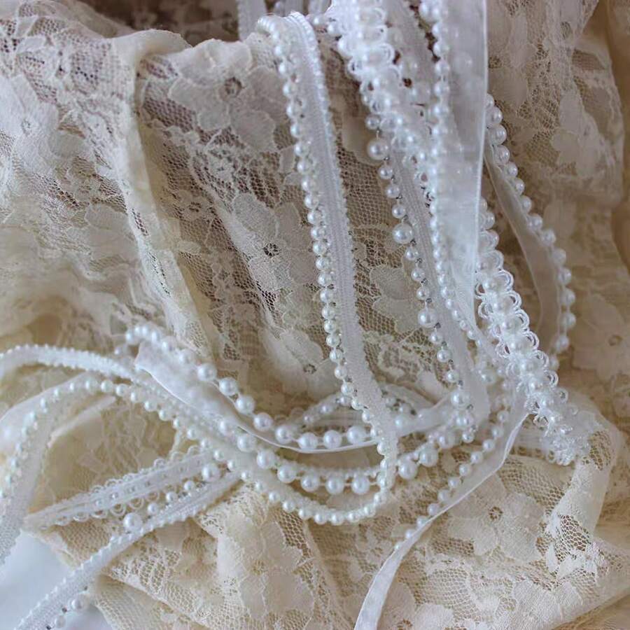 1pc Handmade Pearl Lace Trim, DIY Fashion Fabric Accessory For Clothing, Dress, Blouse Decor, Collar, Ruffle, Chiffon Skirt - Multicolor - View 1