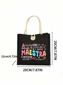 1pc/2pcs Maestra Letter Pattern Storage Bag, Black Linen Tote Bag And Makeup Bag, Teacher's Day Gift Bag, Gift For Teachers, Portable Shopping Bag,And Makeup Bag Lightweight Foldable Storage Bag Plus A Small Linen Cosmetic Bag - Black - View 10