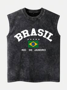 Shwiy Men's Casual Brazilian Print Washed Vintage Effect Black Minimalist Letter Graphic Sleeveless Tank Top, Suitable For Daily Wear, Boyfriend Gift - Black - View 1