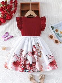 Girls' Casual Ruffled Sleeve Bow-Tied Rose Print Dress For Summer