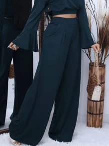 Visco Lycra Wide Leg Pants With Pockets - Dark Green - View 5