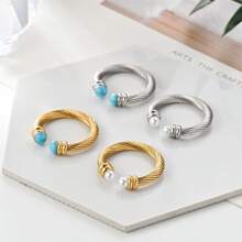1 Stück luxuriöser retro asymmetrischer Tigeraugen-Perlen Edelstahl 18 Karat Goldring, einzigartiger personalisierter hochwertiger spiralförmig verstellbarer Naturperlenring zum täglichen Tragen für Frauen