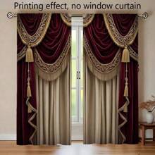 2pcs Burgundy And Dark Brown European Style Faux Curtain Decorative Curtain Rod Sleeve Curtain, Suitable For All Seasons, Modern Digital Printing Curtain, Polyester Fleece Fabric, Semi-Sheer, Artistic Leaf Pattern, Fade Resistant, Vertical Knitting, Machine Washable, Suitable For Living Room And Bedroom Decor - Multicolor - View 1