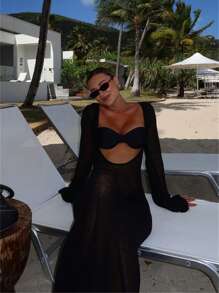 Women Crochet Knitted Long Sleeve Maxi Dress Sheer See Through Backless Swimsuit Bikini Cover Up Beach Swimwear Party Dress