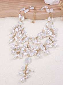 1pc Elegant Fashion Asymmetric Faux Pearl Layered Baroque Style Necklace For Women - Flower Necklace - View 4