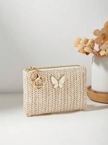 Bolso de paja trenzado con lazo decorativo, cartera para lápiz labial y monedas, bolso de playa de verano para mujeres, cartera mini, monedero, cartera de monedas, cartera