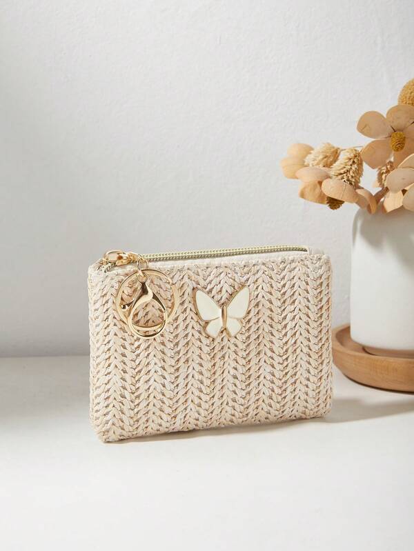 Borsa di paglia intrecciata alla moda, con fiocco decorativo, portamonete e portarossetto, borsa da spiaggia estiva per donna, portafoglio, mini portafoglio, porta monete, portafoglio