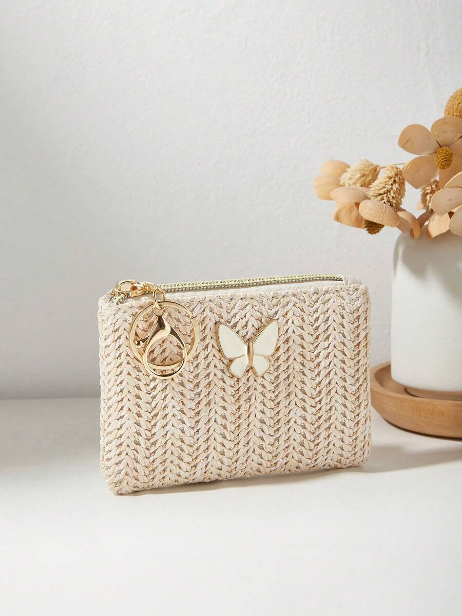 Fashionable New Straw Weave Bag Bow Decor Lipstick & Coin Purse Summer Beach Bag For Women Wallet Mini Wallet Purse Wallet Coin Wallet Wallet