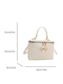 女士新款时尚金属蝴蝶结装饰单肩包可调节肩带休闲斜挎包双拉链轻便方包化妆包适合女性日常使用