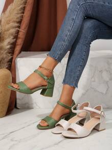 女士时尚舒适夏季优雅复古带扣装饰粗高跟凉鞋 - 綠色 - 查看 5
