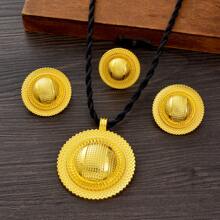 3-Piece Golden Color Jewelry Set: Round Bar Style Earrings, Ring, Necklace Combo, Women Gift For Gathering, Birthday Party