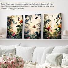 3 pièces/set Peinture de paysage de forêt tropicale imprimée sur canevas enveloppée sans cadre, set de décoration, style de peinture sur canevas moderne et déco art classique pour maison, bureau, salle de bain, salon, chambre, salle à manger - Paysage encré avec motifs de feuillage pour le printemps/été, utilisation intérieure et extérieure, thème art déco, affiches, décoration murale, accessoires de décoration moderne, botanique, animaux