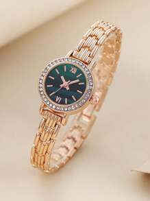 1pc Fashion Rhinestone Colorful Dial Roman Numeral Rose Gold Quartz Watch, Star Pattern, Suitable For Middle School Girls - Rose Gold - View 2