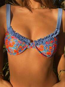 Women Two Piece String Bikini Set Floral Print Sleeveless Bikini Top And Triangle Thong Swimsuits Bathing Suit Beachwear - 橘色 - 查看 5