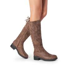 Women's Knee-High Boots, Comfortable Chunky Block Heel Pointed Toe Pull On Side Zipper Suede Slouch Riding Boots - Brown - View 9
