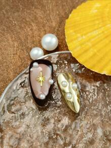 10 件 3D 手绘手工按压指甲中号杏仁指甲甜美仿珍珠假指甲套装星形蝴蝶结成品指甲贴纸美甲用品指甲 - 彩色 - 查看 3