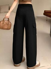Pantalones De Trabajo De Talle Bajo Y Corte Ajustado Con Múltiples Bolsillos Bolsillo de color sólido - Negro - Ver 2