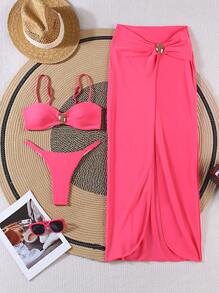 3件套纯色高腰比基尼套装女士性感高开叉夏季沙滩度假长裙欧美风