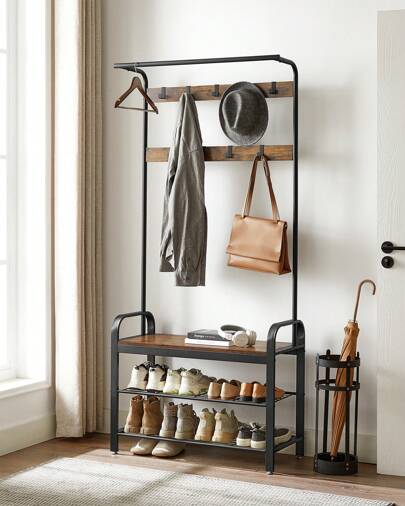 VASAGLE Coat Rack, Hall Tree With Shoe Bench For Entryway, Entryway Bench With Coat Rack, 4-In-1, With 9 Removable Hooks, A Hanging Rod, 13.3 X 33.1 X 72.1 Inches