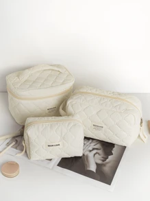1Pc/Set Beige Quilting Makeup Bag With Soft Texture, Vintage Large Capacity Cosmetic Bag&Travel Organizer Handheld, Minimalism Cozy Foam Toiletry Big Set, Lightweight Fluffy Makeup Pouch, Home Decor, Delicate Gift For New Semester, Spring/Early Summer, Anniversary, Vacation, Trip, Back To School, Makeup Case, New Style In 2025.