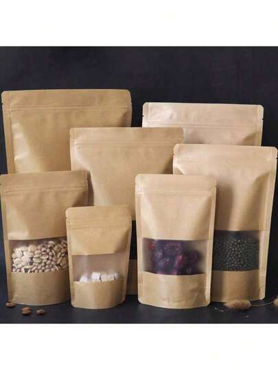 50pcs Frosted Strip Window Self-Supporting Kraft Paper Zipper Bag For Home DIY Coffee, Dried Fruit, Spice, Biscuit, Cheese, Candy And Other Storage And Packaging Bags For Festivals, Celebrations, Family Gatherings, Birthdays, Weddings, Parties, Gifts Packaging Bags, Commercial Heat Sealable Bags