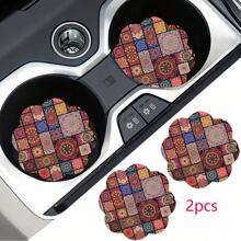 2pcs Bohemian Style Pattern Car Cup Coaster, Stylish Fast-Drying Non-Slip Car Cup Mat